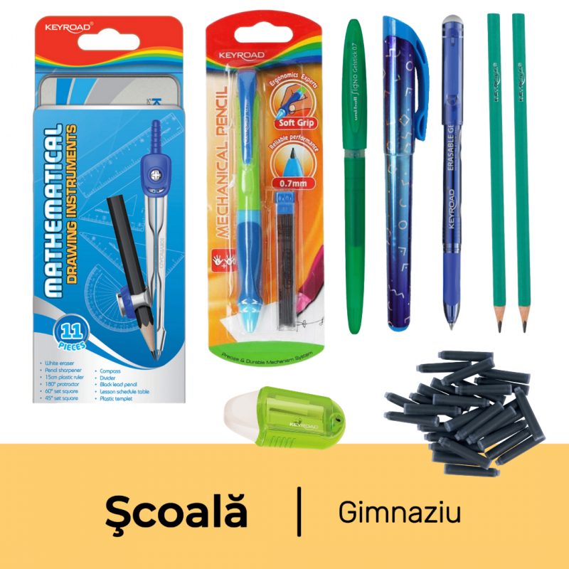 Pachet rechizite scoala clasele 5-8, Instrumente de scris, baiat, 9 piese