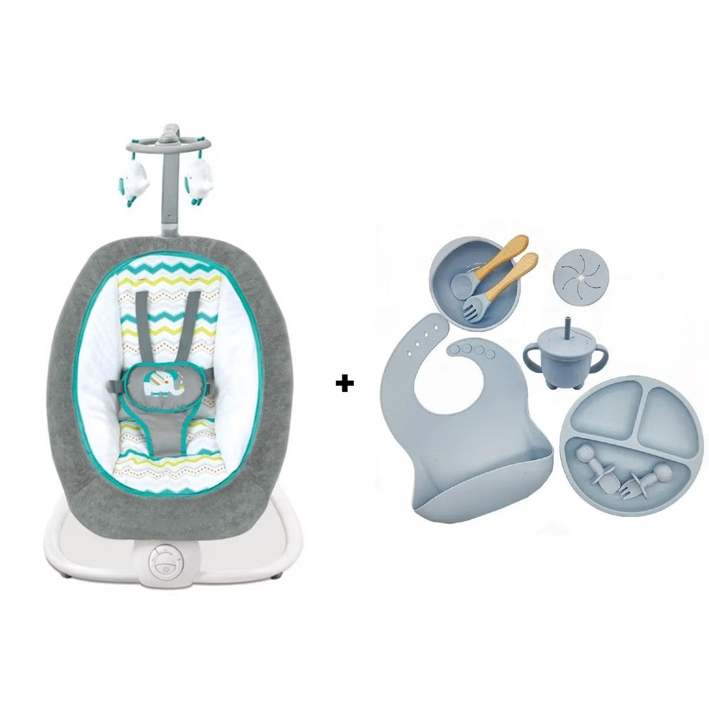 Pachet Bebe 2 in 1: Balansoar cu Vibratii Mastela + Set Diversificare 10 Piese Silicon | Relaxare si Hranire Sigura