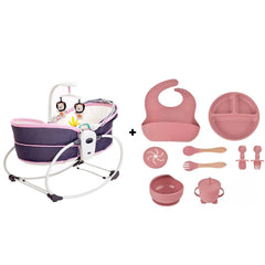 Pachet 2 in 1 pentru Bebelusi: Balansoar Electric 5 in 1 Mastela Roz + Set Hranire 10 Piese Silicon | Confort si Siguranta de la Nastere