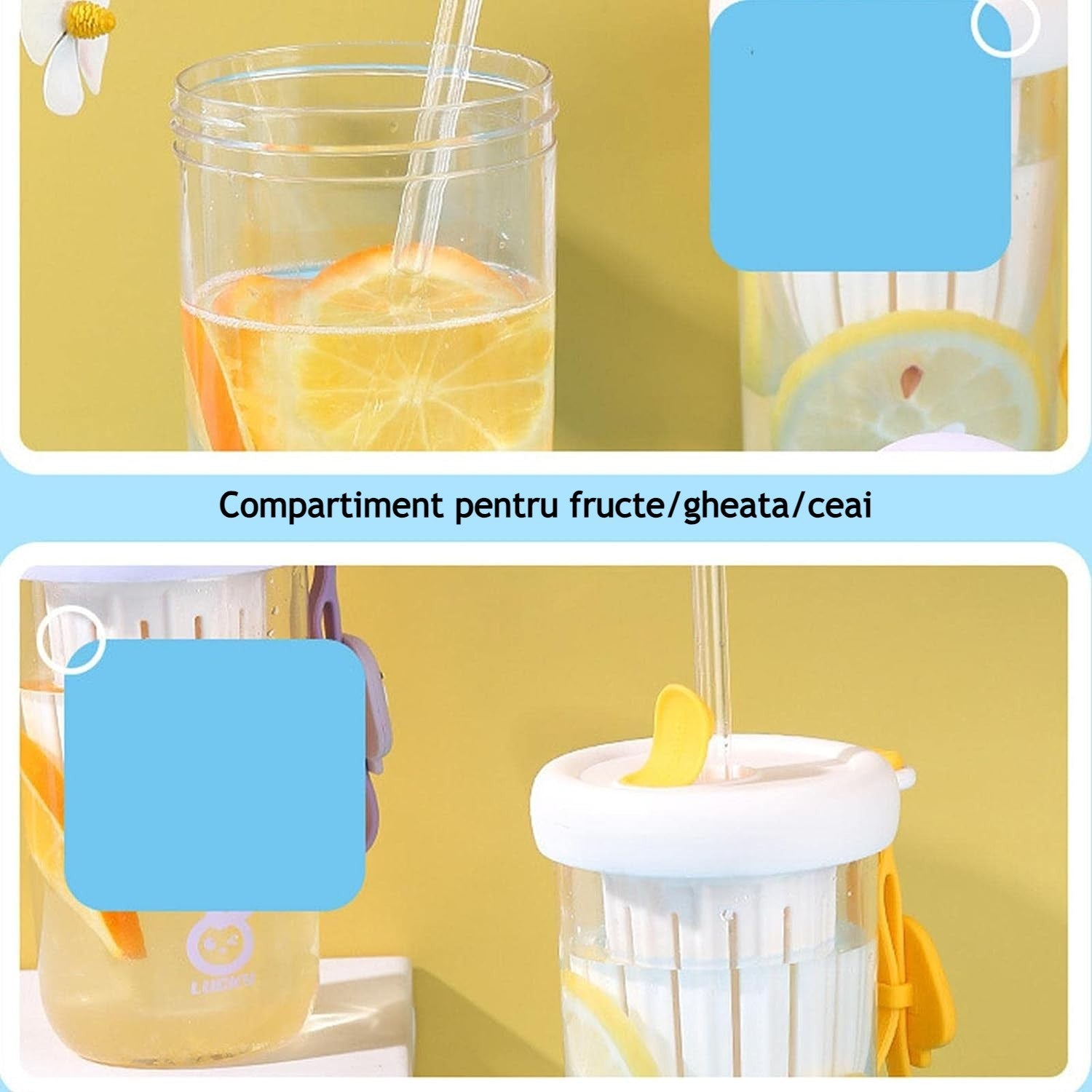Pahar din silicon, cu capac si pai, pentru copii, Kaveny, anti-cadere, compartiment pentru fructe/ceai/gheata, rezistent la temperaturi inalte, 500ml, Alb, 14.5x8.8x20 cm