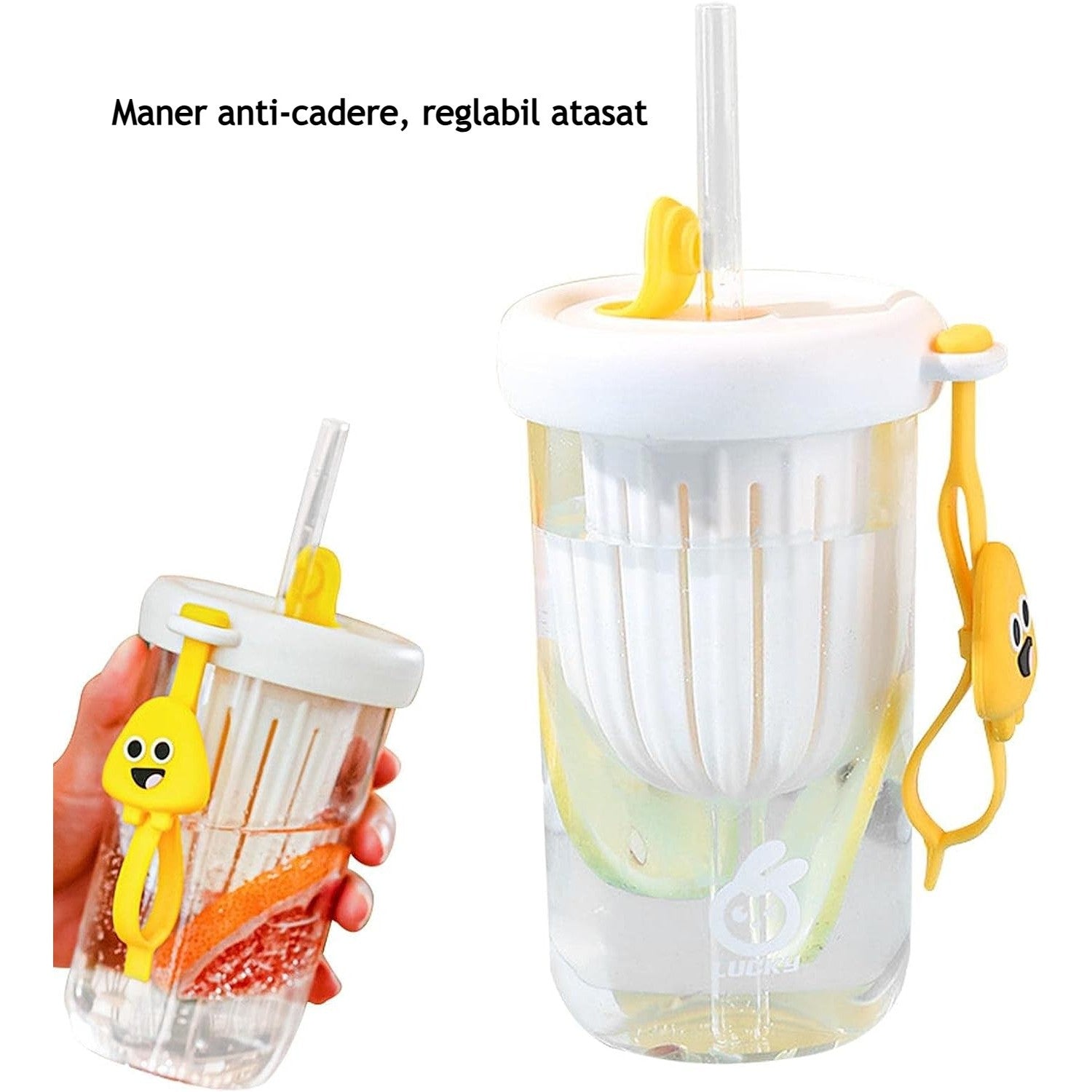 Pahar din silicon, cu capac si pai, pentru copii, Kaveny, anti-cadere, compartiment pentru fructe/ceai/gheata, rezistent la temperaturi inalte, 500ml, Alb, 14.5x8.8x20 cm
