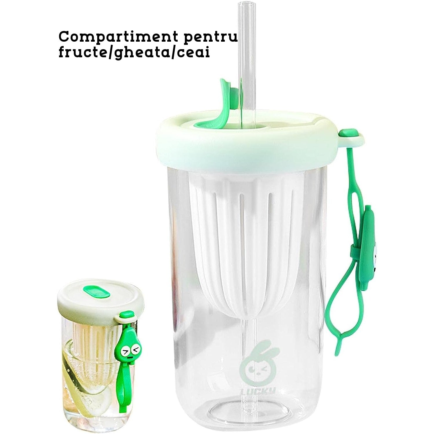 Pahar din silicon, cu capac si pai, pentru copii, Kaveny, anti-cadere, compartiment pentru fructe/ceai/gheata, rezistent la temperaturi inalte, 500ml, Verde, 14.5x8.8x20 cm