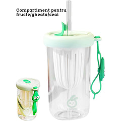 Pahar din silicon, cu capac si pai, pentru copii, Kaveny, anti-cadere, compartiment pentru fructe/ceai/gheata, rezistent la temperaturi inalte, 500ml, Verde, 14.5x8.8x20 cm