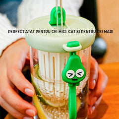 Pahar din silicon, cu capac si pai, pentru copii, Kaveny, anti-cadere, compartiment pentru fructe/ceai/gheata, rezistent la temperaturi inalte, 500ml, Verde, 14.5x8.8x20 cm