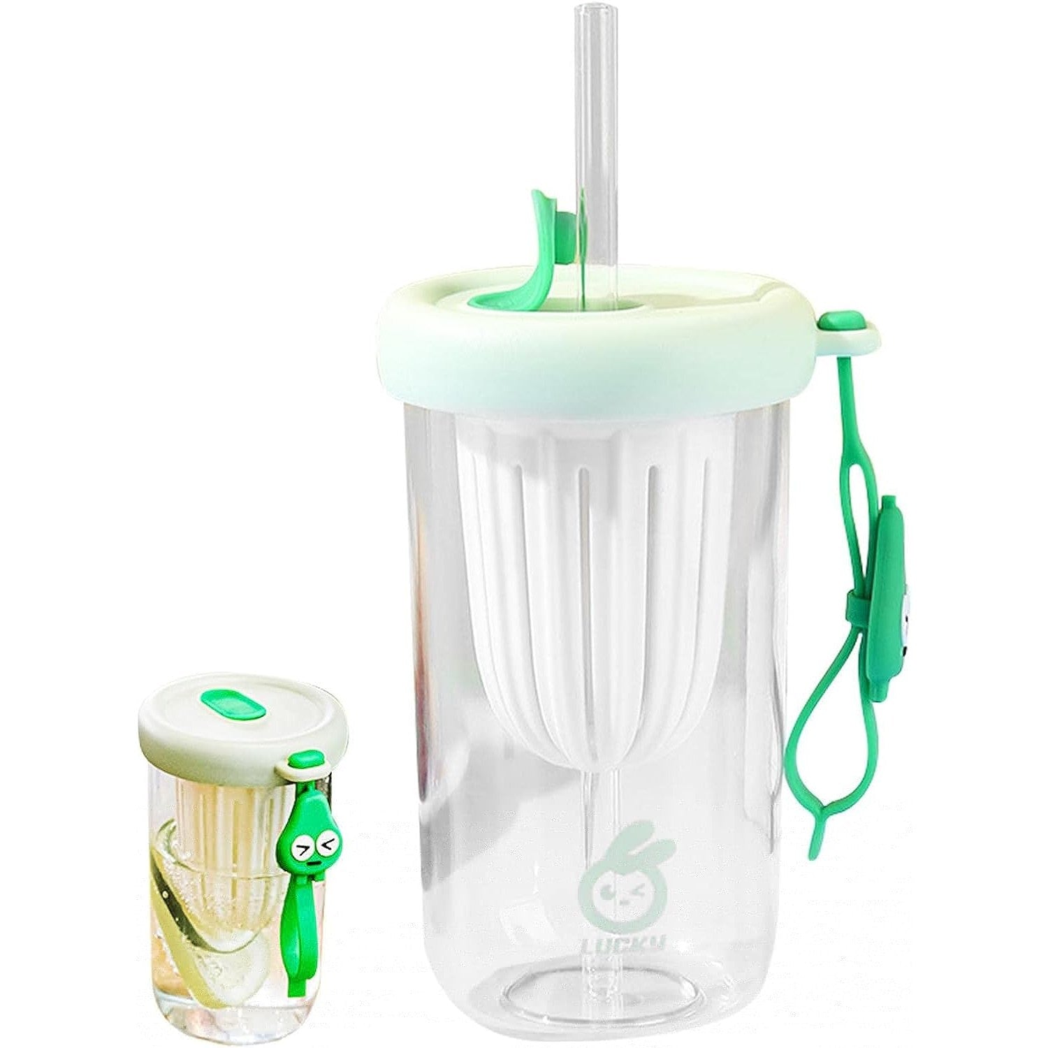 Pahar din silicon, cu capac si pai, pentru copii, Kaveny, anti-cadere, compartiment pentru fructe/ceai/gheata, rezistent la temperaturi inalte, 500ml, Verde, 14.5x8.8x20 cm