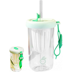 Pahar din silicon, cu capac si pai, pentru copii, Kaveny, anti-cadere, compartiment pentru fructe/ceai/gheata, rezistent la temperaturi inalte, 500ml, Verde, 14.5x8.8x20 cm