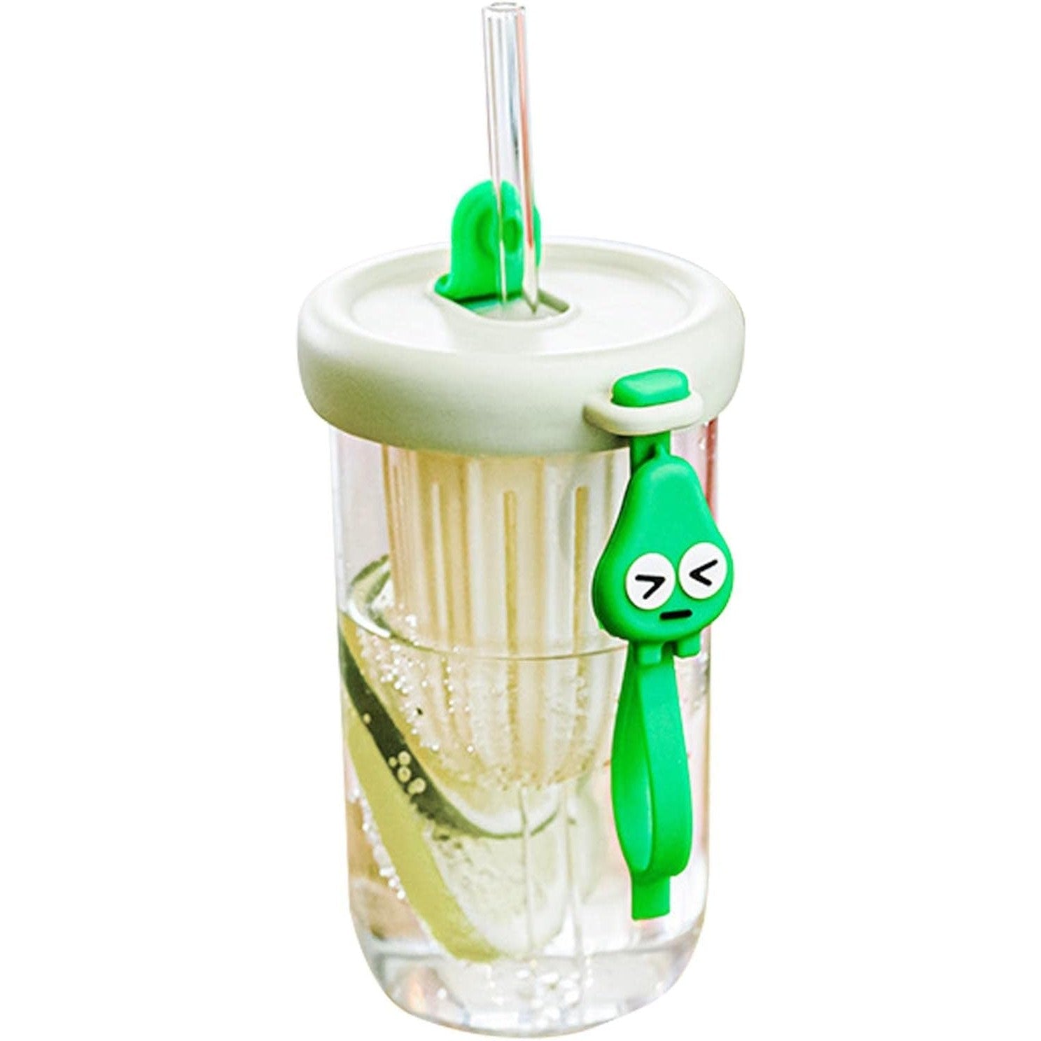 Pahar din silicon, cu capac si pai, pentru copii, Kaveny, anti-cadere, compartiment pentru fructe/ceai/gheata, rezistent la temperaturi inalte, 500ml, Verde, 14.5x8.8x20 cm