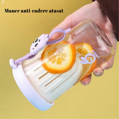 Pahar din silicon, cu capac si pai, pentru copii, Kaveny, anti-cadere, compartiment pentru fructe/ceai/gheata, rezistent la temperaturi inalte, 500ml, Mov, 14.5x8.8x20 cm