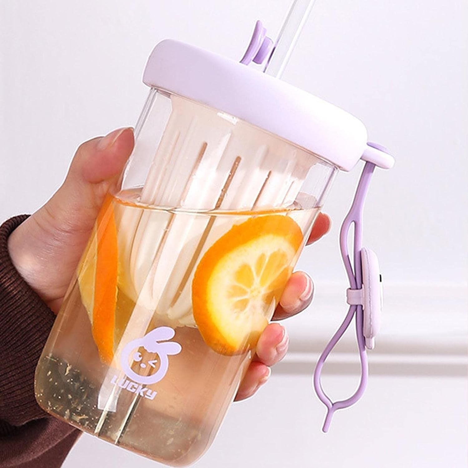 Pahar din silicon, cu capac si pai, pentru copii, Kaveny, anti-cadere, compartiment pentru fructe/ceai/gheata, rezistent la temperaturi inalte, 500ml, Mov, 14.5x8.8x20 cm
