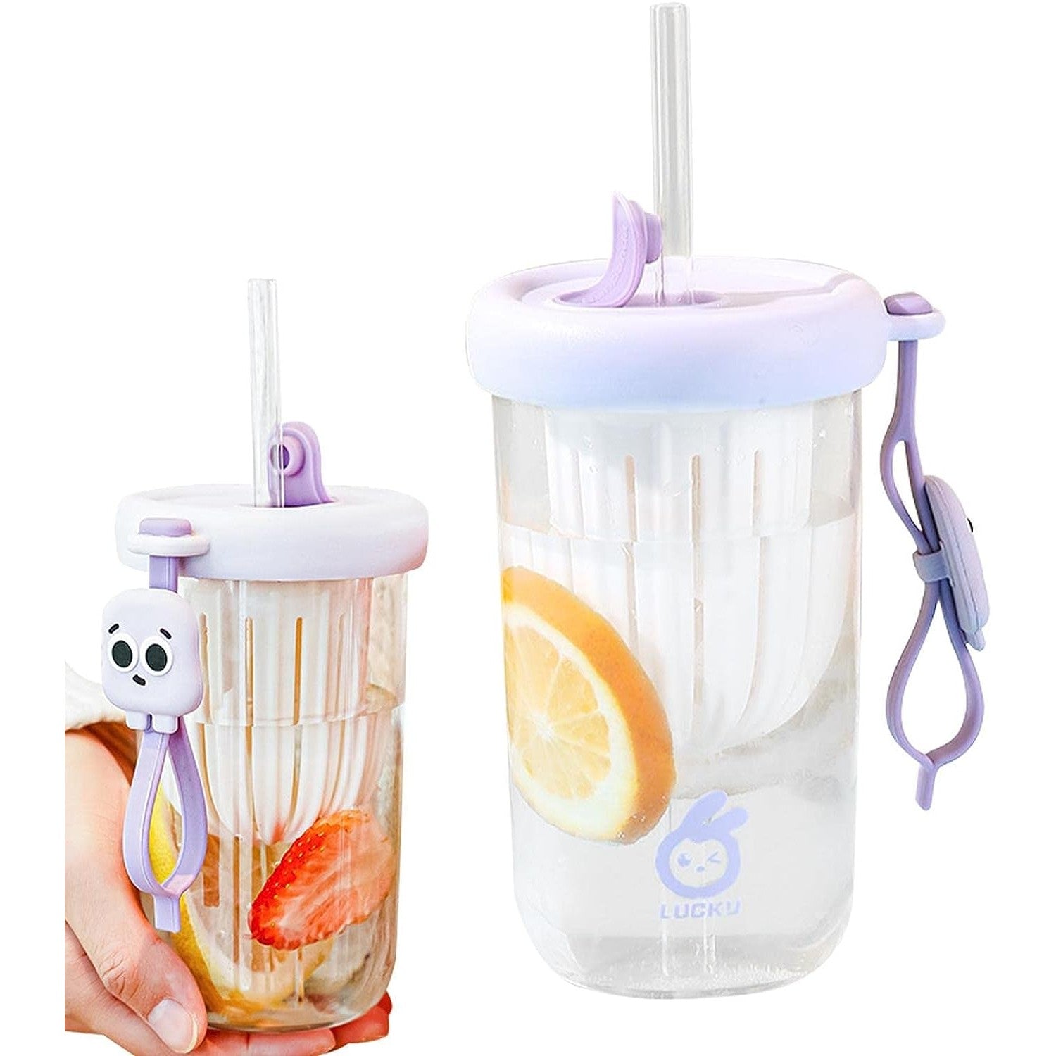 Pahar din silicon, cu capac si pai, pentru copii, Kaveny, anti-cadere, compartiment pentru fructe/ceai/gheata, rezistent la temperaturi inalte, 500ml, Mov, 14.5x8.8x20 cm
