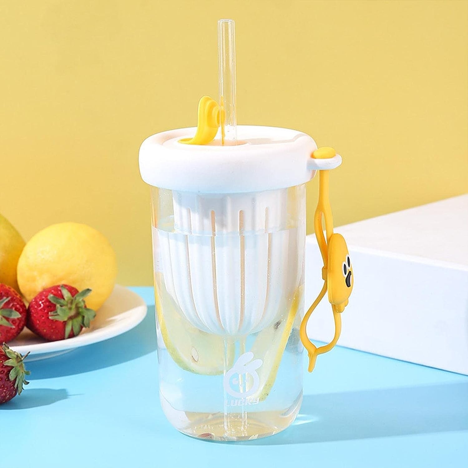 Pahar din silicon, cu capac si pai, pentru copii, Kaveny, anti-cadere, compartiment pentru fructe/ceai/gheata, rezistent la temperaturi inalte, 500ml, Alb, 14.5x8.8x20 cm
