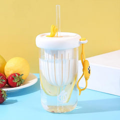 Pahar din silicon, cu capac si pai, pentru copii, Kaveny, anti-cadere, compartiment pentru fructe/ceai/gheata, rezistent la temperaturi inalte, 500ml, Alb, 14.5x8.8x20 cm