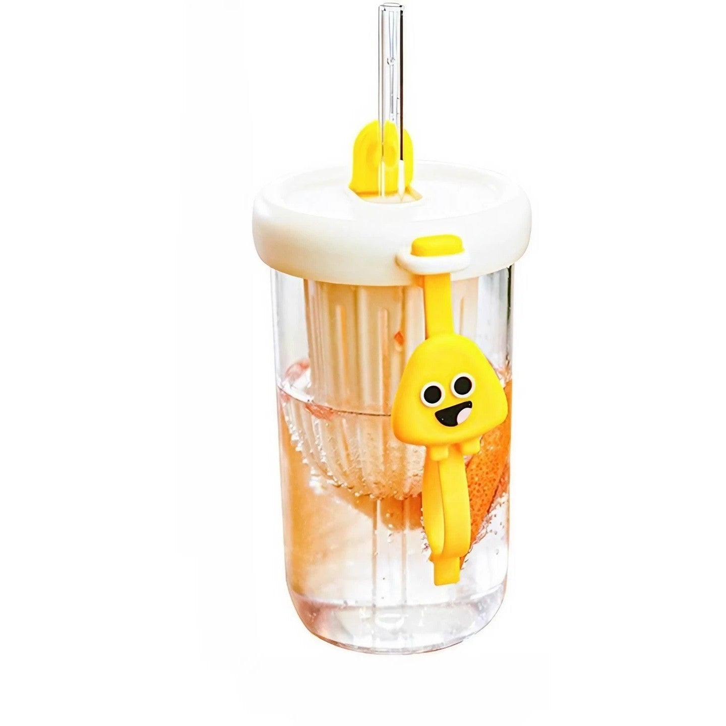 Pahar din silicon, cu capac si pai, pentru copii, Kaveny, anti-cadere, compartiment pentru fructe/ceai/gheata, rezistent la temperaturi inalte, 500ml, Alb, 14.5x8.8x20 cm