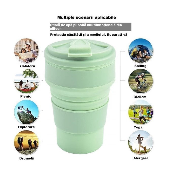 Pahar pliabil din silicon Kaveny, pentru calatorii, camping, 500 ml, verde