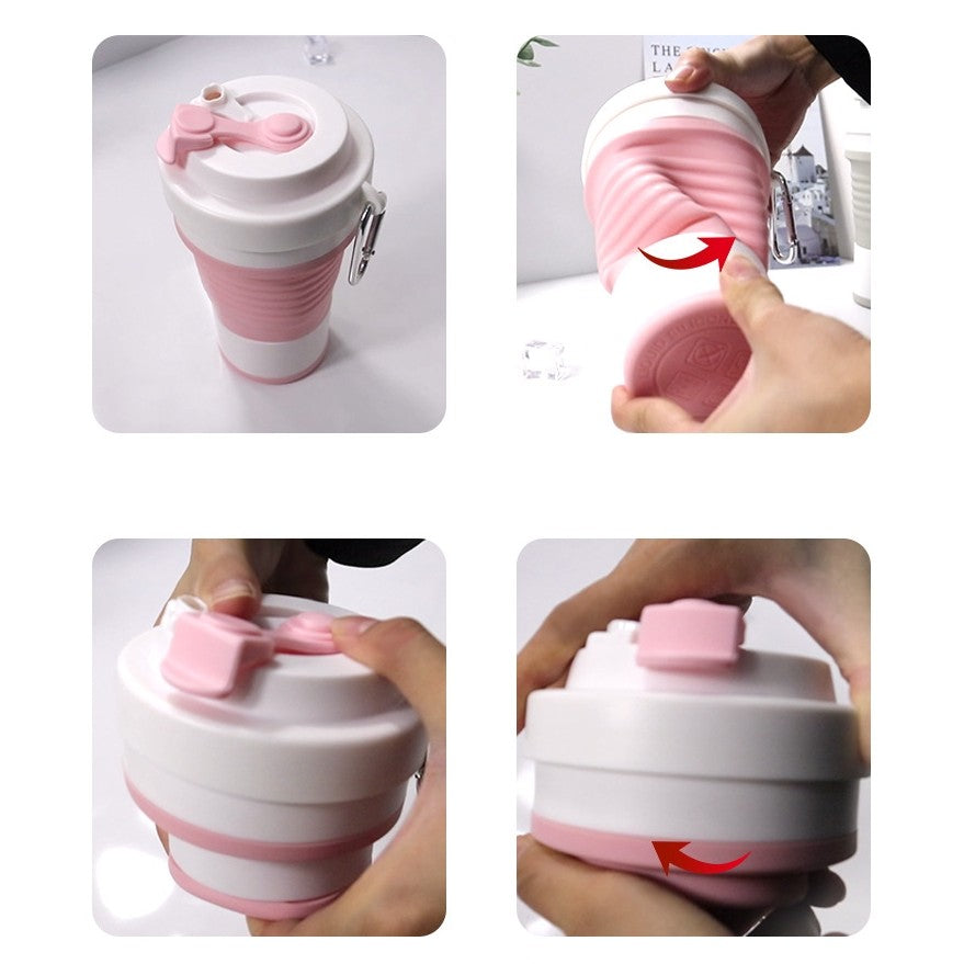 Pahar pliabil din silicon Kaveny, pentru calatorii, camping, 750 ml, pai inclus, 11.6 x 19.3 cm, roz