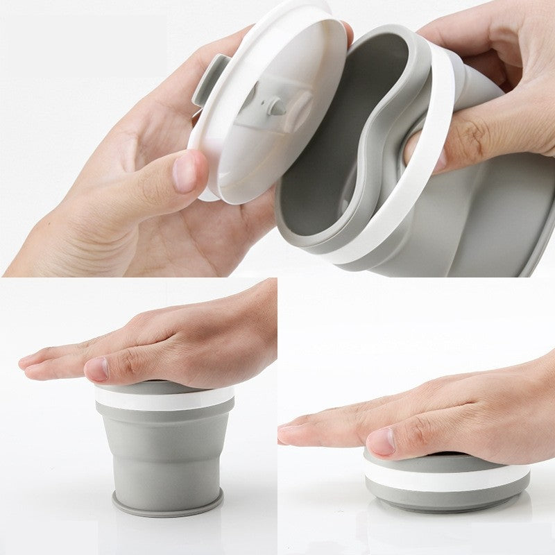 Pahar pliabil din silicon Kaveny, prentru calatorii, 350 ml, pai inclus, 9 x 9.2 cm, gri