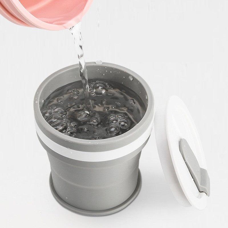 Pahar pliabil din silicon Kaveny, prentru calatorii, 350 ml, pai inclus, 9 x 9.2 cm, gri