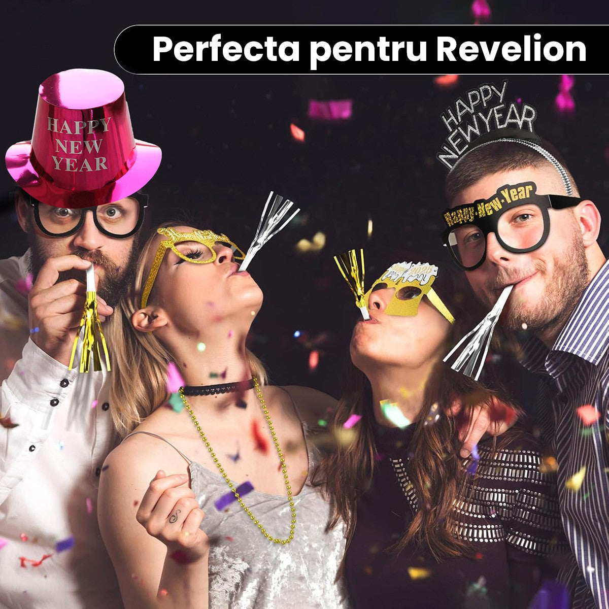 Palarie Happy New Year pentru Revelion, Kaveny, Palarie Festiva de Anul Nou, Palarie Magica din Hartie, 29 x 25 x 15.5 cm, Colorata Sclipitor Roz