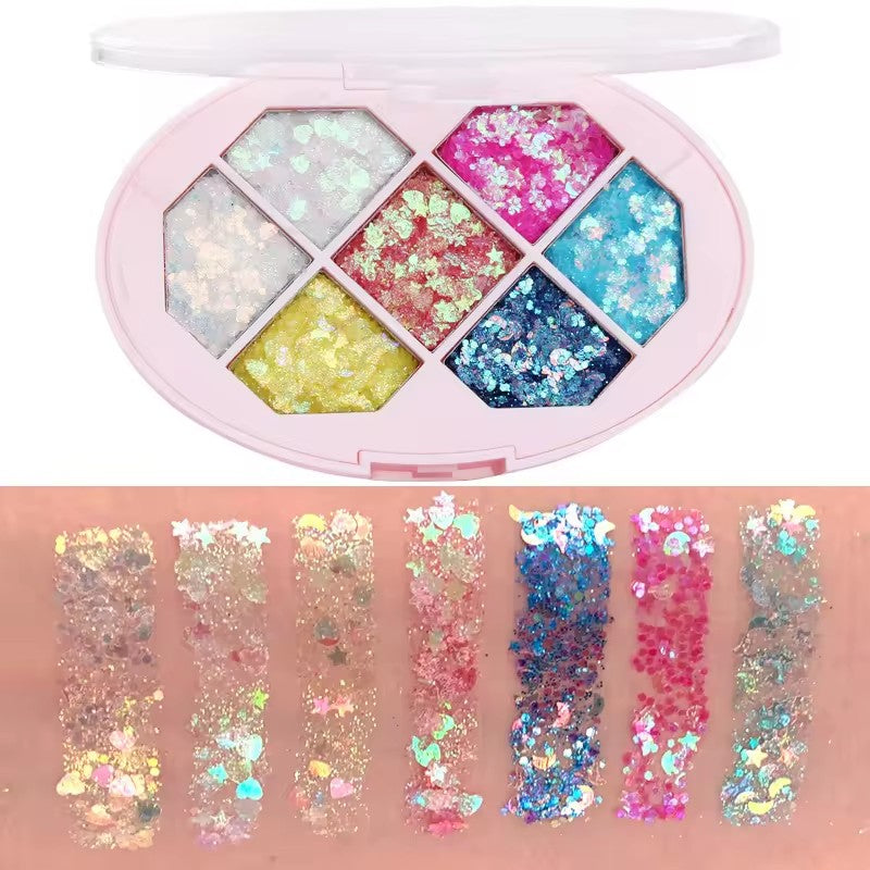 Paleta cu Glitter, Kaveny, Varianta 1, 7 Nuante, Pentru Corp si Par, 50 g, Rezistent la Apa, 9.8 x 6.8 cm, Multicolor