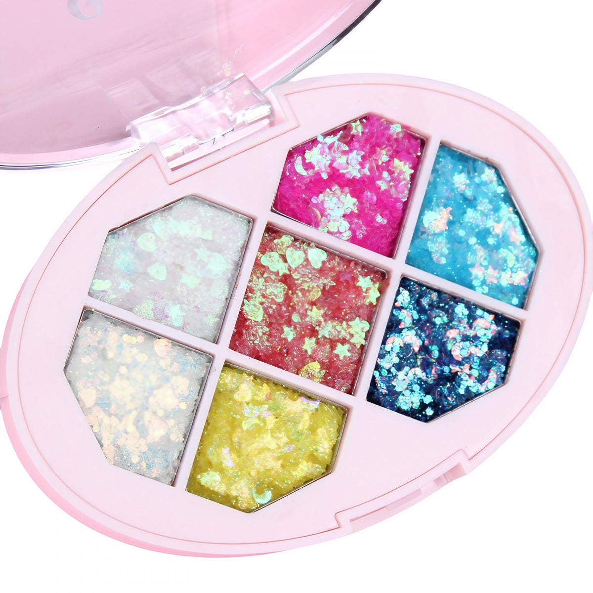 Paleta cu Glitter, Kaveny, Varianta 1, 7 Nuante, Pentru Corp si Par, 50 g, Rezistent la Apa, 9.8 x 6.8 cm, Multicolor