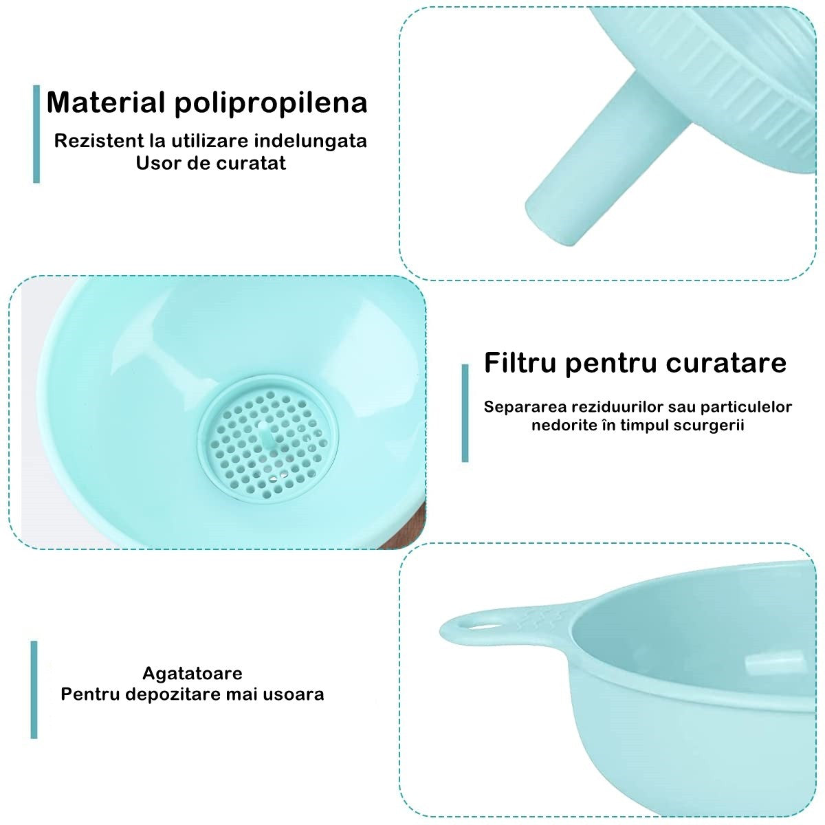Palnie din plastic 3 in 1 Kaveny, doua dimensiuni de scurgere, cu filet si filtru, diametru scurgere 5.4 cm, 11.5 x 16.7 cm, albastru