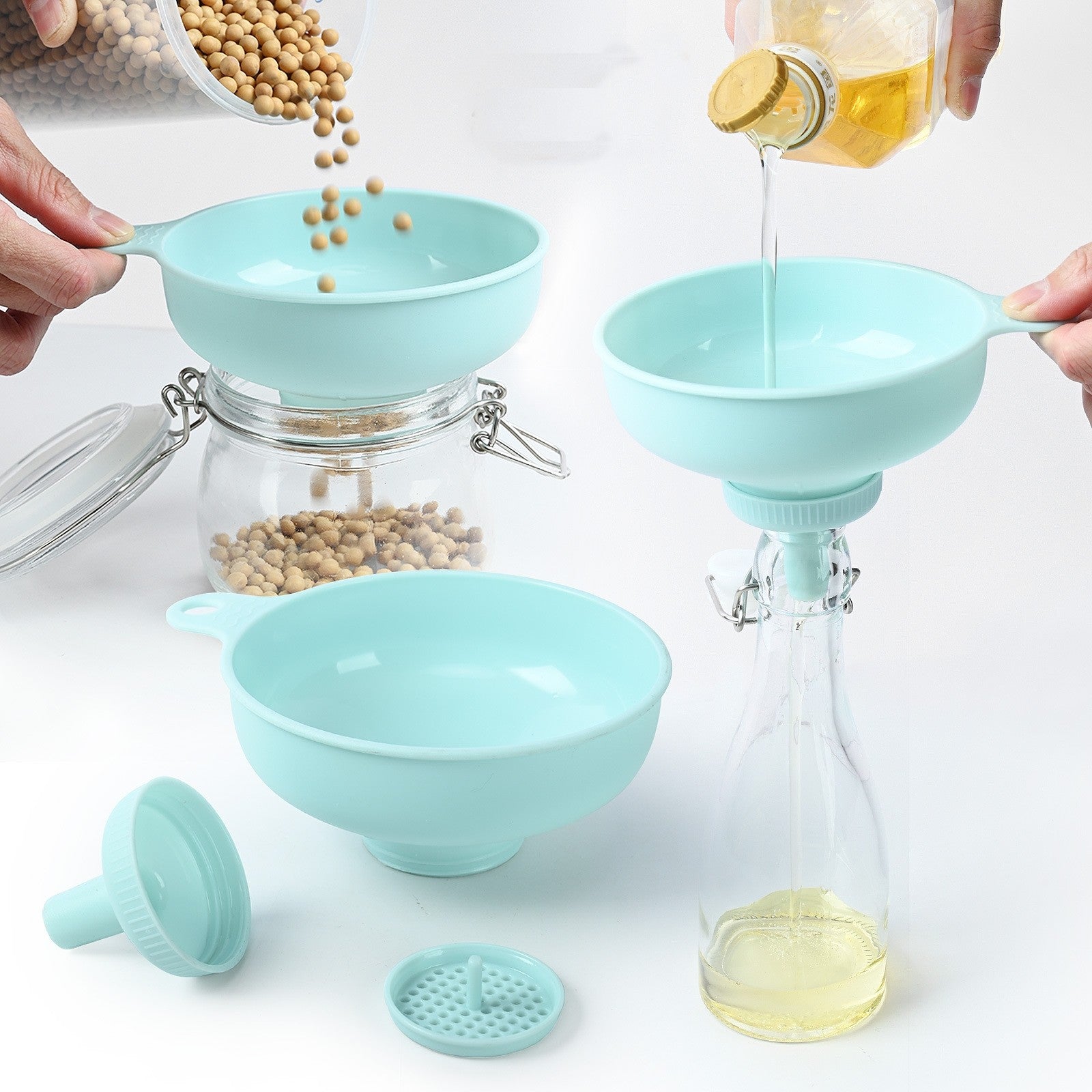 Palnie din plastic 3 in 1 Kaveny, doua dimensiuni de scurgere, cu filet si filtru, diametru scurgere 5.4 cm, 11.5 x 16.7 cm, albastru