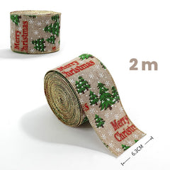 Panglica de Craciun pentru Decor Brad, Kadeny, Panglica Decorativa de Craciun pentru Funde, Imprimeu Brazi Merry Christmas, 200 x 6.3 m, Khaki Verde Rosu