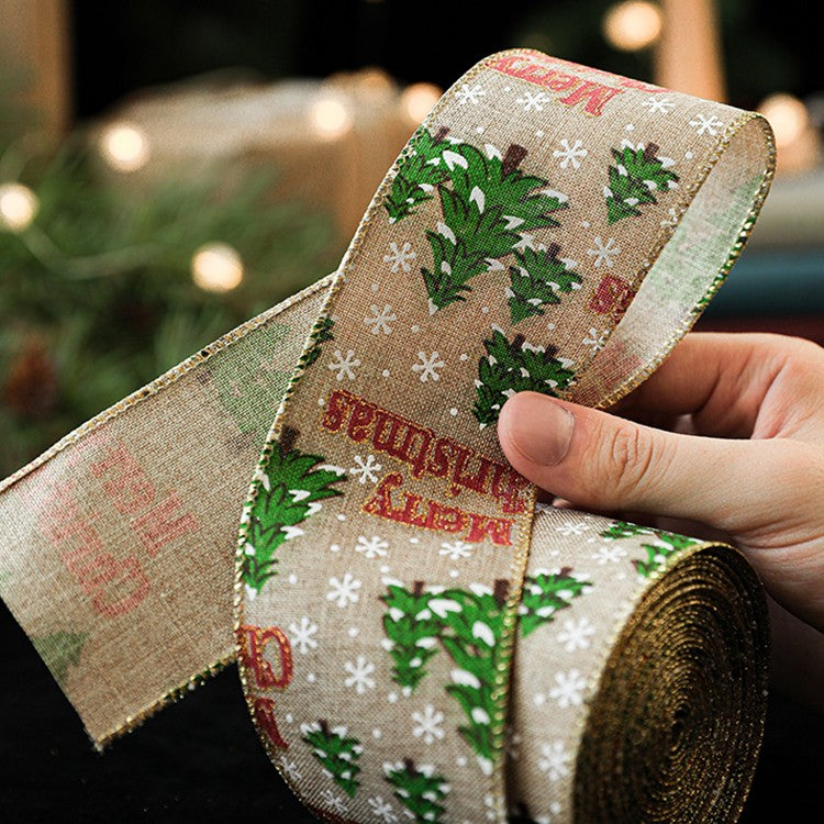 Panglica de Craciun pentru Decor Brad, Kadeny, Panglica Decorativa de Craciun pentru Funde, Imprimeu Brazi Merry Christmas, 200 x 6.3 m, Khaki Verde Rosu