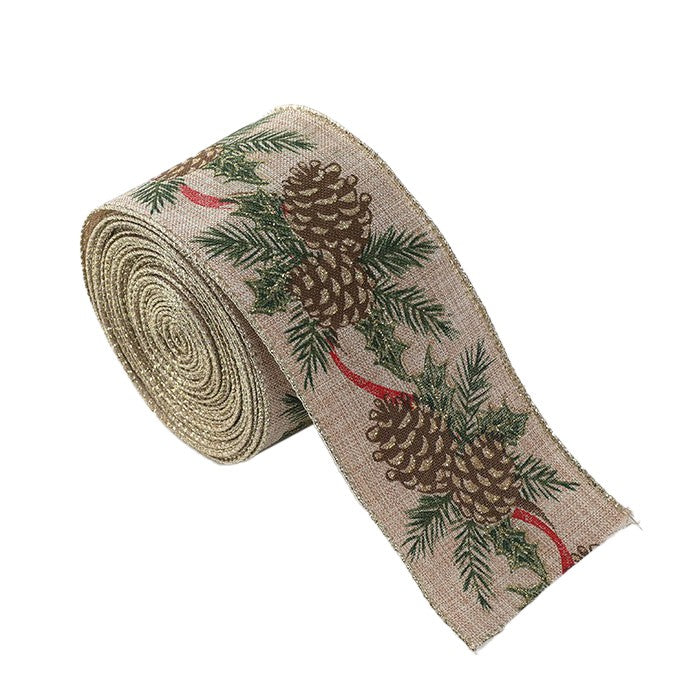 Panglica de Craciun pentru Decor Brad, Kadeny, Panglica Decorativa de Craciun pentru Funde, Imprimeu Conuri de Brad, 200 x 6.3 m, Khaki Verde Maro