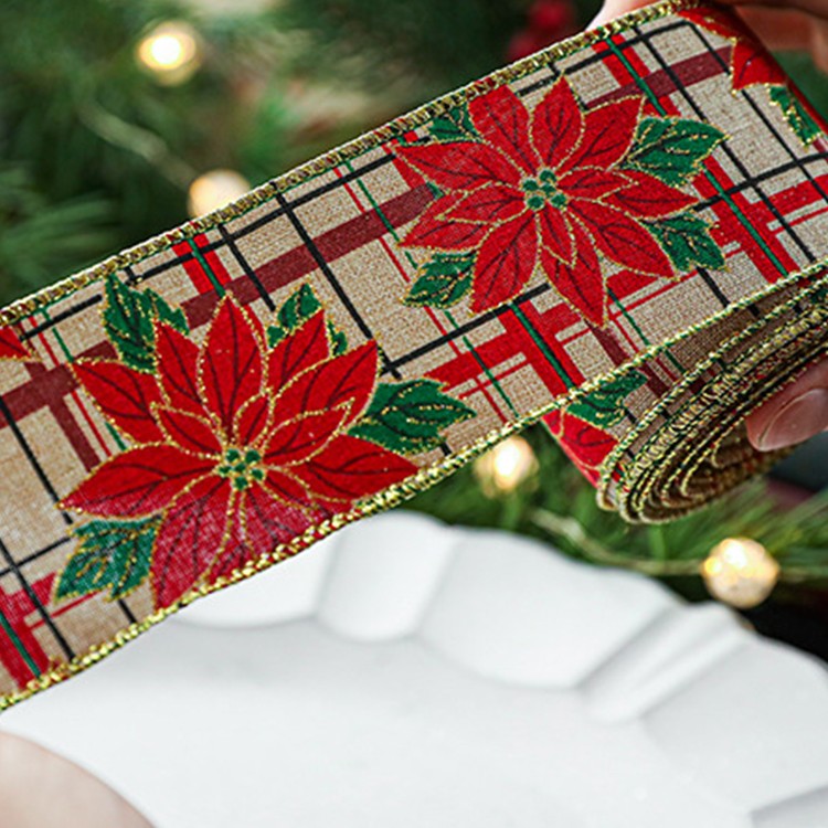 Panglica de Craciun pentru Decor Brad, Kadeny, Panglica Decorativa de Craciun pentru Funde, Imprimeu Floare Rosie, 200 x 6.3 m, Khaki Rosu