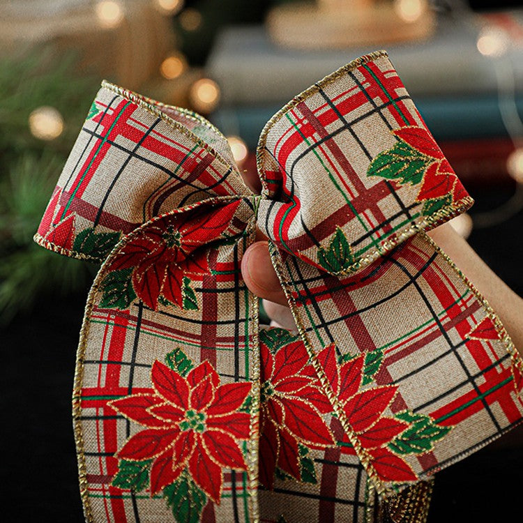 Panglica de Craciun pentru Decor Brad, Kadeny, Panglica Decorativa de Craciun pentru Funde, Imprimeu Floare Rosie, 200 x 6.3 m, Khaki Rosu