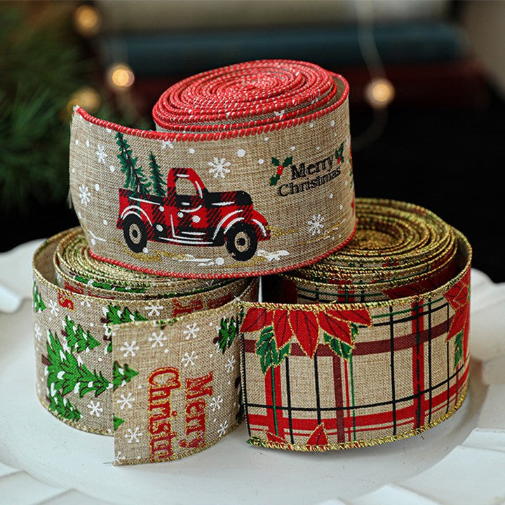 Panglica de Craciun pentru Decor Brad, Kadeny, Panglica Decorativa de Craciun pentru Funde, Imprimeu Floare Rosie, 200 x 6.3 m, Khaki Rosu