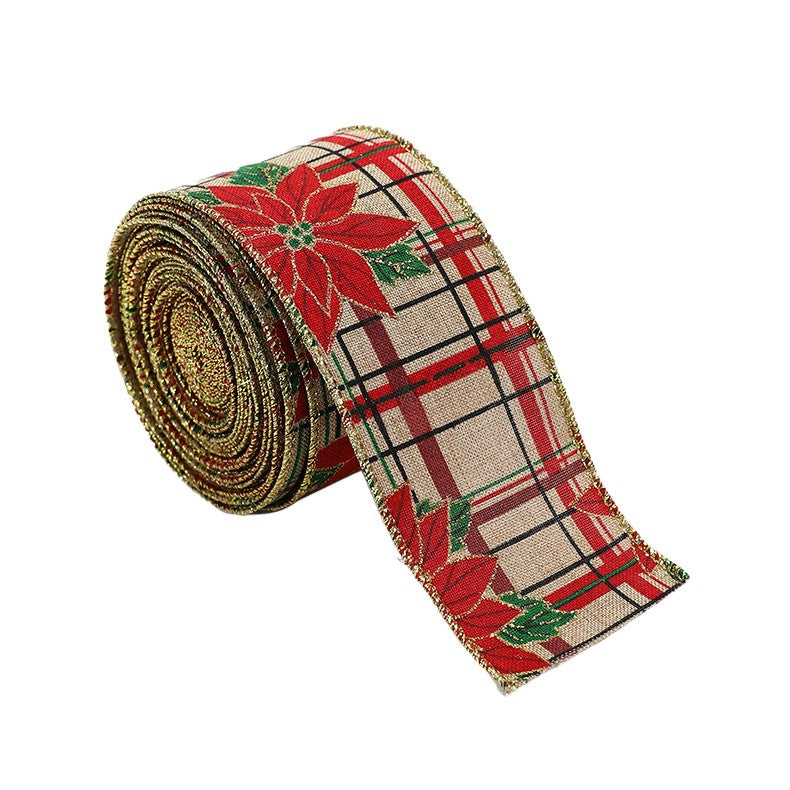 Panglica de Craciun pentru Decor Brad, Kadeny, Panglica Decorativa de Craciun pentru Funde, Imprimeu Floare Rosie, 200 x 6.3 m, Khaki Rosu