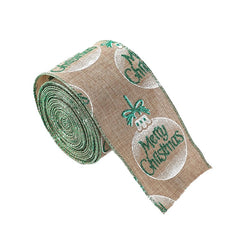 Panglica de Craciun pentru Decor Brad, Kadeny, Panglica Decorativa de Craciun pentru Funde, Imprimeu Globulet Merry Christmas, 200 x 6.3 m, Khaki Alb Verde