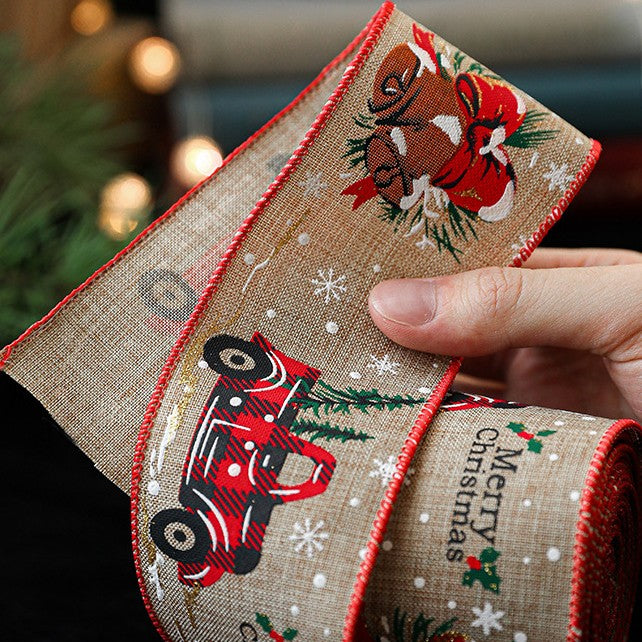 Panglica de Craciun pentru Decor Brad, Kadeny, Panglica Decorativa de Craciun pentru Funde, Imprimeu Pick-Up Merry Christmas, 200 x 6.3 m, Khaki Rosu