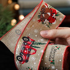 Panglica de Craciun pentru Decor Brad, Kadeny, Panglica Decorativa de Craciun pentru Funde, Imprimeu Pick-Up Merry Christmas, 200 x 6.3 m, Khaki Rosu