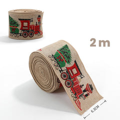 Panglica de Craciun pentru Decor Brad, Kadeny, Panglica Decorativa de Craciun pentru Funde, Imprimeu Trenulet, 200 x 6.3 m, Khaki