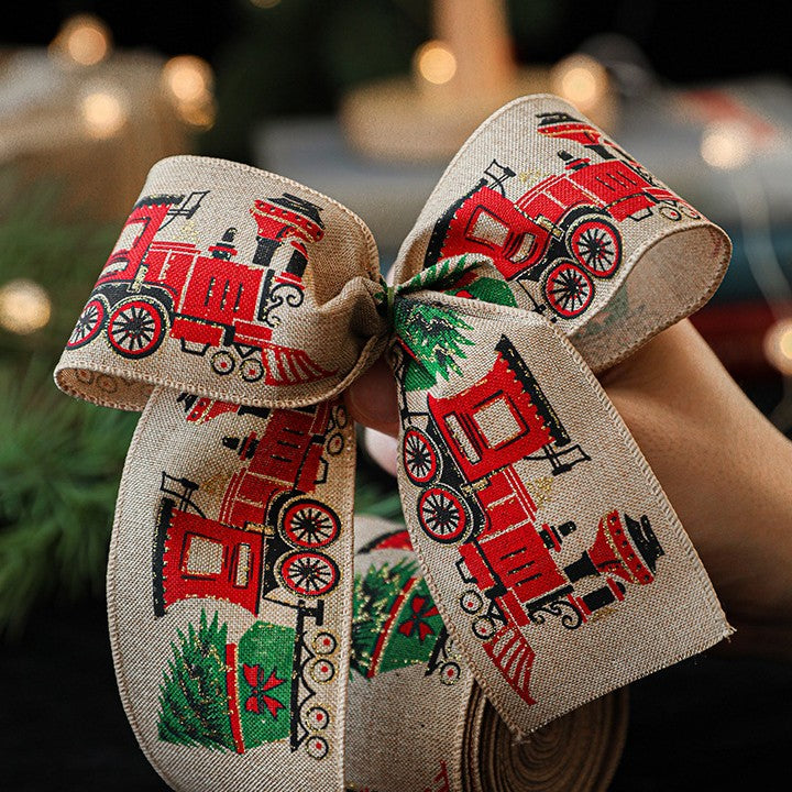 Panglica de Craciun pentru Decor Brad, Kadeny, Panglica Decorativa de Craciun pentru Funde, Imprimeu Trenulet, 200 x 6.3 m, Khaki