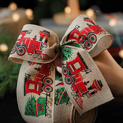 Panglica de Craciun pentru Decor Brad, Kadeny, Panglica Decorativa de Craciun pentru Funde, Imprimeu Trenulet, 200 x 6.3 m, Khaki