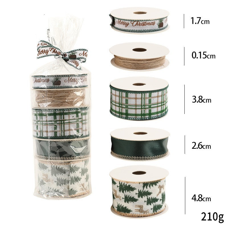 Panglica Decorativa cu Tematica de Craciun, Kadeny, Set din 4 bucat + 1 Rulon Ata Maro, Panglica pentru Cadou de Craciun Brad si Decor, 2 M per bucata, Model Brad, Alb Verde