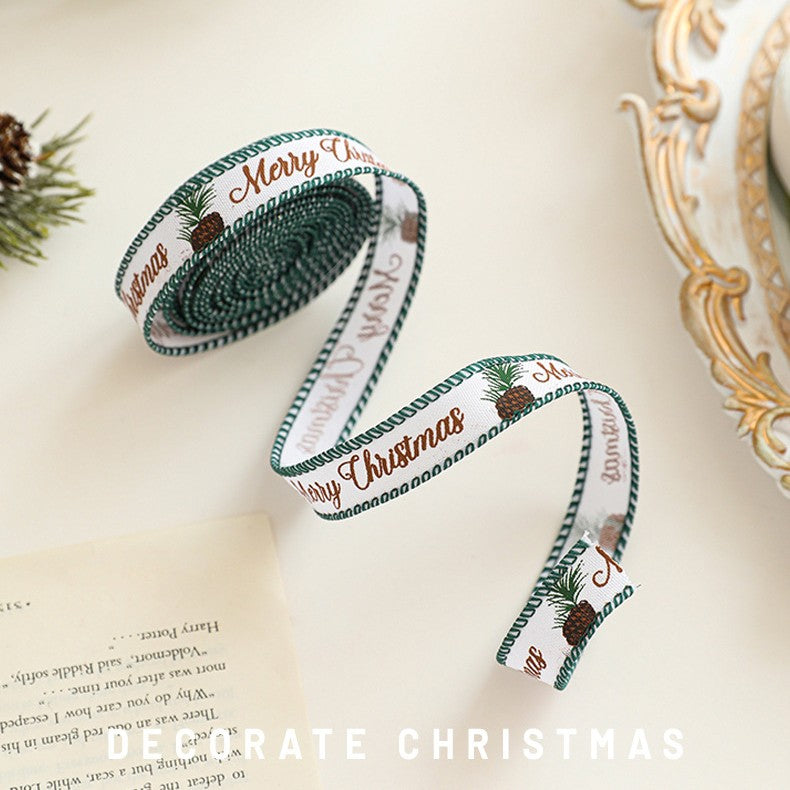 Panglica Decorativa cu Tematica de Craciun, Kadeny, Set din 4 bucat + 1 Rulon Ata Maro, Panglica pentru Cadou de Craciun Brad si Decor, 2 M per bucata, Model Brad, Alb Verde