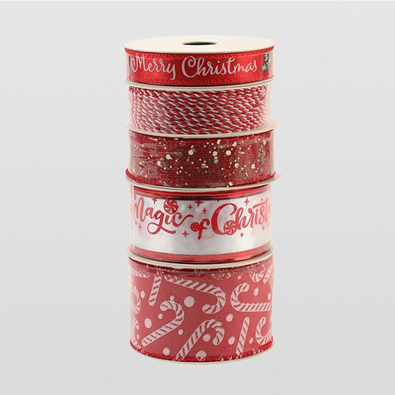 Panglica Decorativa cu Tematica de Craciun, Kadeny, Set din 4 bucat + 1 Rulon Ata Rosie Alba, Panglica pentru Cadou de Craciun Brad si Decor, 2 M per bucata, Model Acadele, Rosu