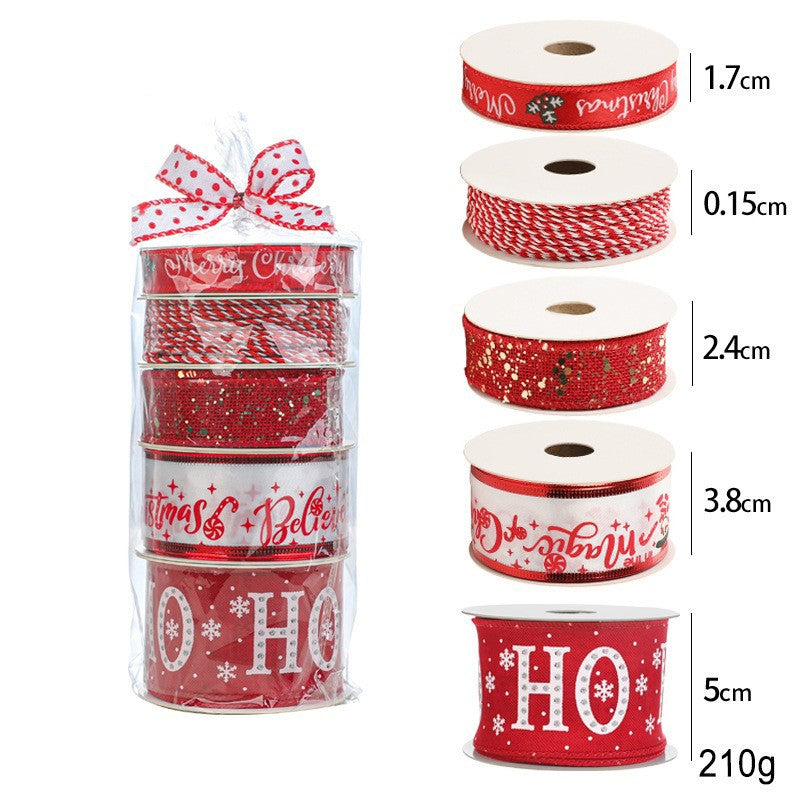 Panglica Decorativa cu Tematica de Craciun, Kadeny, Set din 4 bucat + 1 Rulon Ata Rosie Alba, Panglica pentru Cadou de Craciun Brad si Decor, 2 M per bucata, Model HO HO HO, Rosu