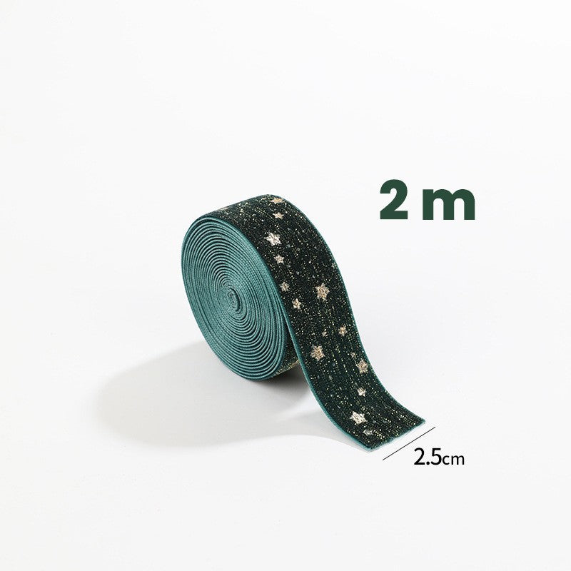 Panglica Decorativa de Craciun, Kadeny, Panglica din Panza cu aspec de Catifea, Funda Ornament, Model cu Stele Aurii, Decor pentru Brad de Craciun, 200 x 2.5 cm, Verde