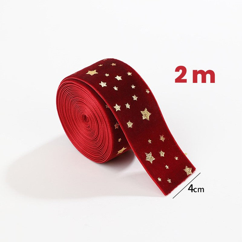 Panglica Decorativa de Craciun, Kadeny, Panglica din Panza cu aspec de Catifea, Funda Ornament, Model cu Stele Aurii, Decor pentru Brad de Craciun, 200 x 4 cm, Rosu