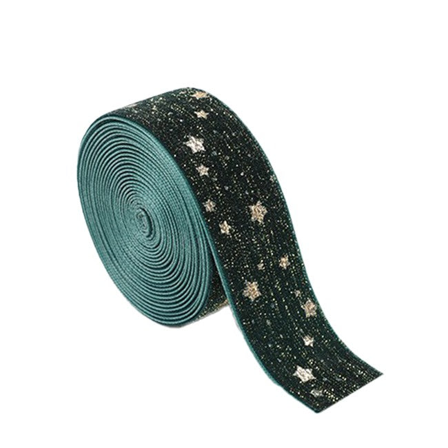 Panglica Decorativa de Craciun, Kadeny, Panglica din Panza cu aspec de Catifea, Funda Ornament, Model cu Stele Aurii, Decor pentru Brad de Craciun, 200 x 2.5 cm, Verde