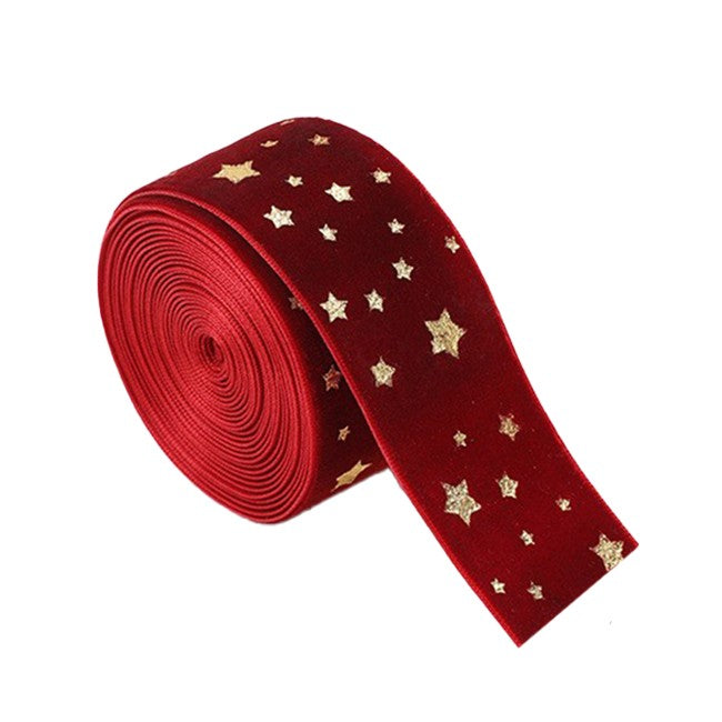 Panglica Decorativa de Craciun, Kadeny, Panglica din Panza cu aspec de Catifea, Funda Ornament, Model cu Stele Aurii, Decor pentru Brad de Craciun, 200 x 4 cm, Rosu