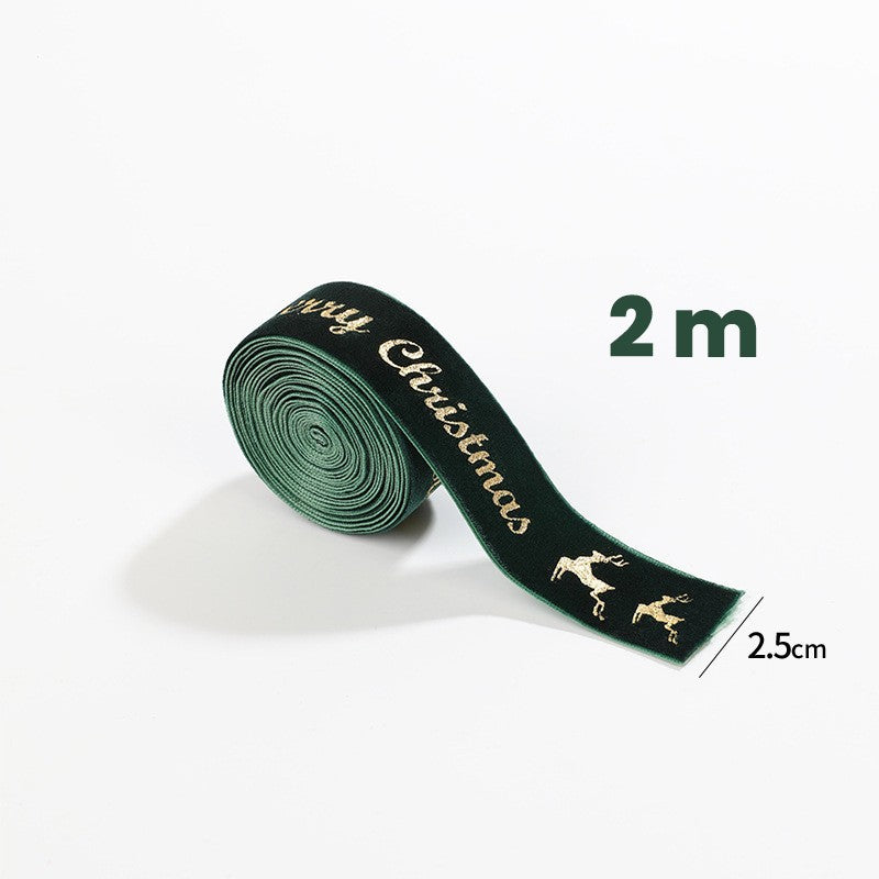 Panglica Decorativa de Craciun, Kadeny, Panglica din Panza cu aspec de Catifea, Funda Ornament, Model Merry Christmas si Cerbi Aurii, Decor pentru Brad de Craciun, 200 x 2.5 cm, Verde