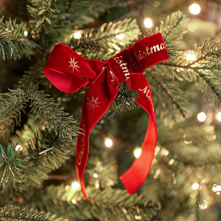 Panglica Decorativa de Craciun, Kadeny, Panglica din Panza cu aspec de Catifea, Funda Ornament, Model Merry Christmas si Cerbi Aurii, Decor pentru Brad de Craciun, 200 x 2.5 cm, Rosu