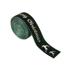 Panglica Decorativa de Craciun, Kadeny, Panglica din Panza cu aspec de Catifea, Funda Ornament, Model Merry Christmas si Cerbi Aurii, Decor pentru Brad de Craciun, 200 x 2.5 cm, Verde